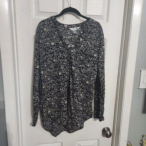 Black floral long sleeve split neck tunic blouse TALL